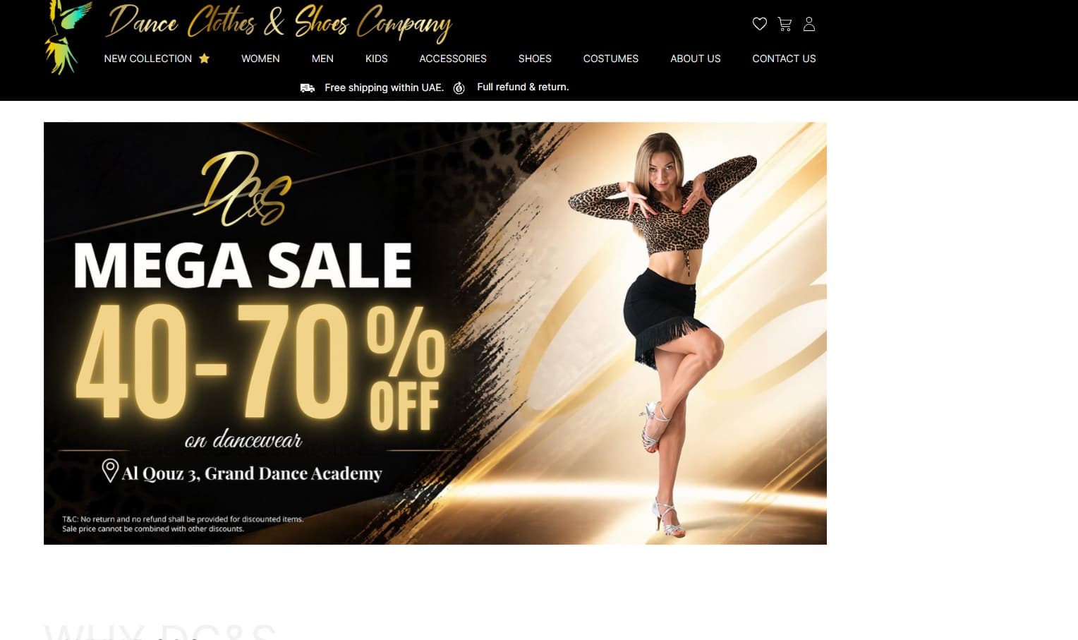 Dance Clothes & Shoes Company online store home page with a sale banner