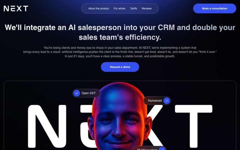 NEXT website home page, shown in English translation